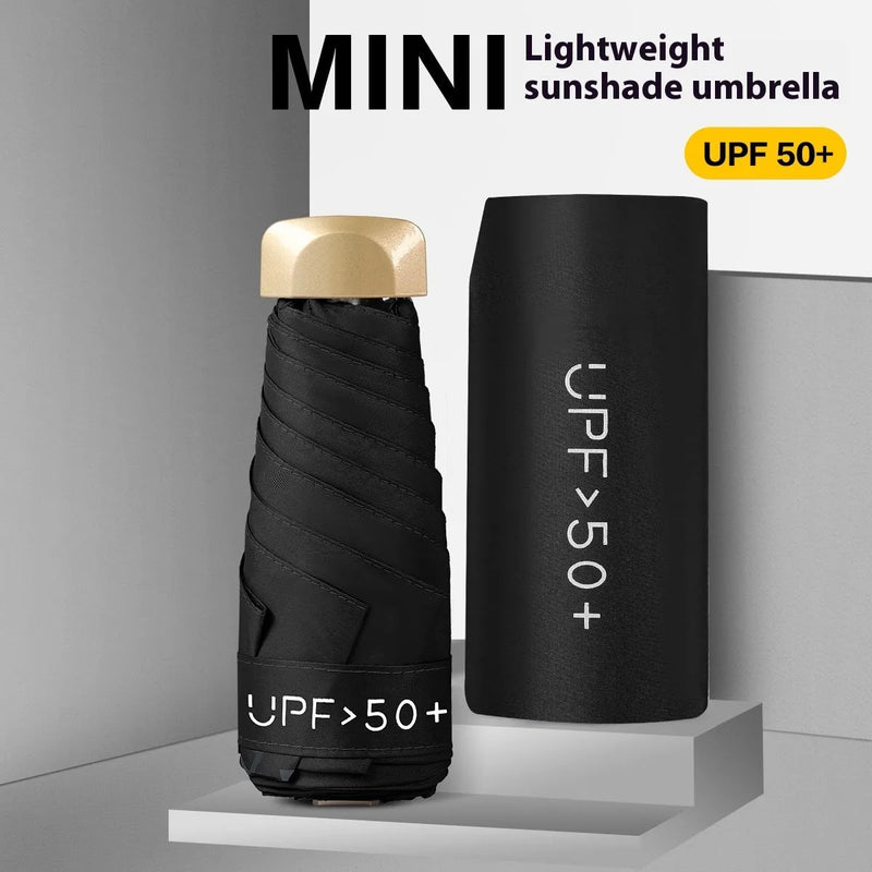 Folding pocket sun umbrella with 50cm diameter and 6-rib alloy frame for UV protection and sun shelter in 11 colour options including black, bright yellow, navy blue, light pink and wine red