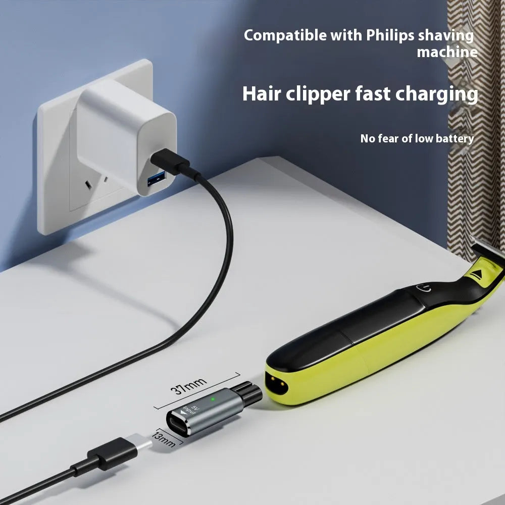 USB-C electric shaver hair clipper charging adapter with aluminium alloy housing measuring 6.5cm