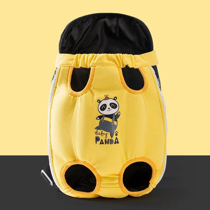Canvas cat carrier backpack with animal bear print and ribbon trim for small pets.
