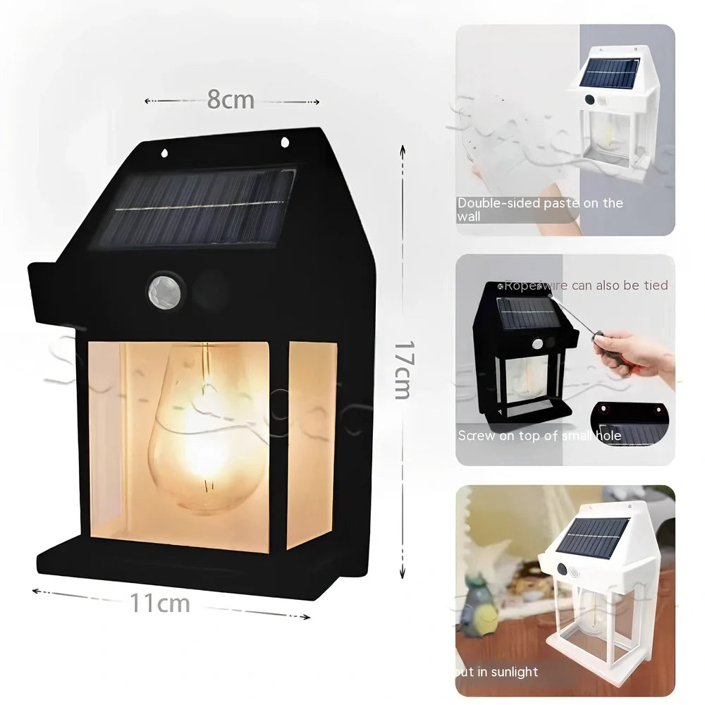 Black solar garden wall lamp with waterproof IP65 rating and automatic light sensor for outdoor installation