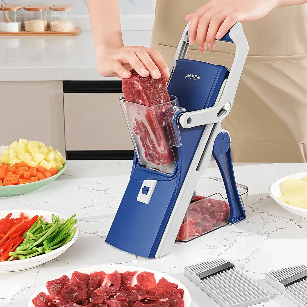 Purple kitchen vegetable chopper with stainless steel blades and wire planer attachment on 41cm workspace