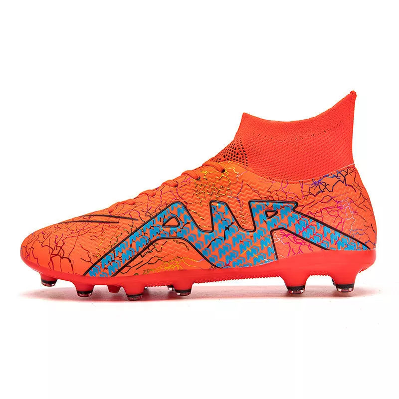 High-top Soccer Spike Special Shoes in black gold, white orange, and orange colors