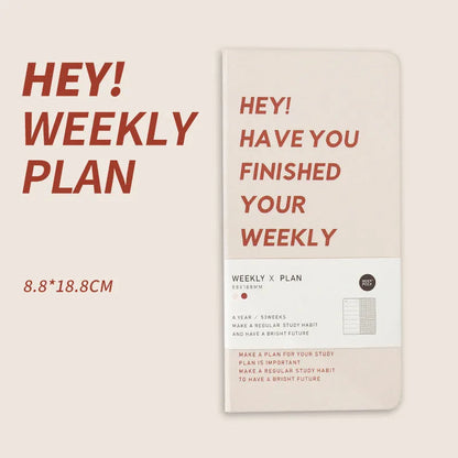 A5 weekly plan diary handbook with 100 sheets, shown in blue, brown, green, and purple colour options.