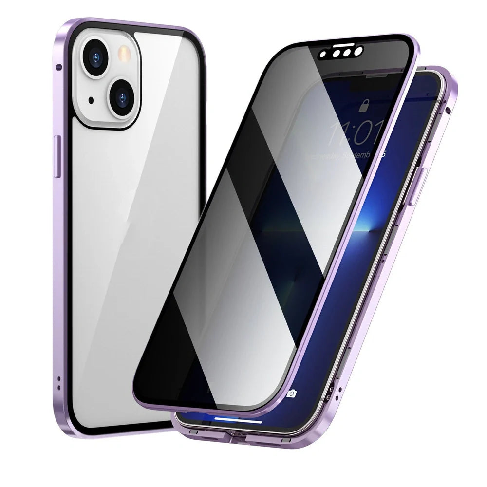 Fashion Personality Magneto Glass Metal Phone Case showing double-sided explosion-proof glass and metal frame for iPhone protection