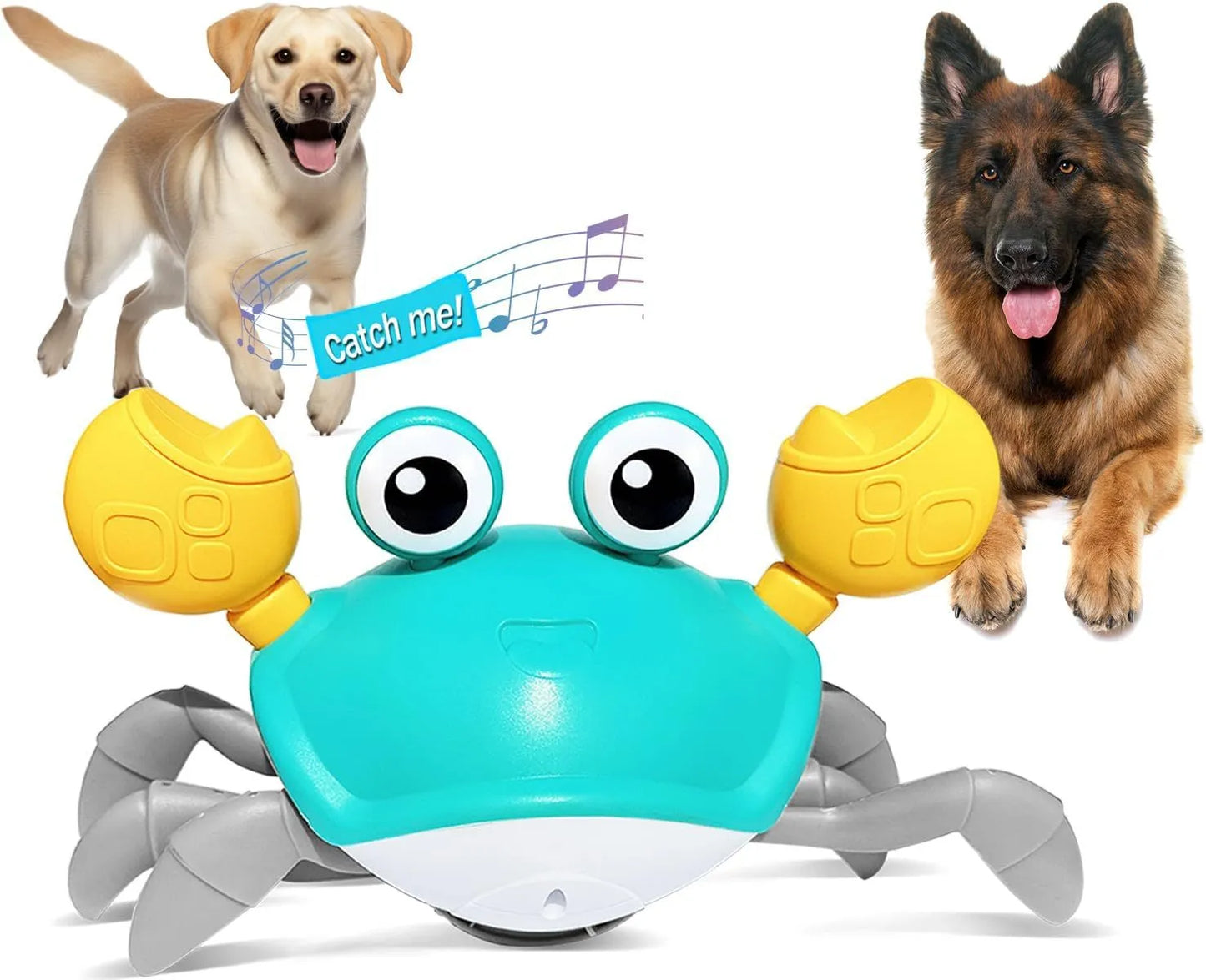 Blue crawling crab dog toy with obstacle avoidance sensor, measuring 21.5cm long, on a flat surface