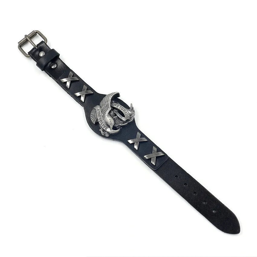 Black geometric leather bracelet with an alloy eagle watch-button style closure.