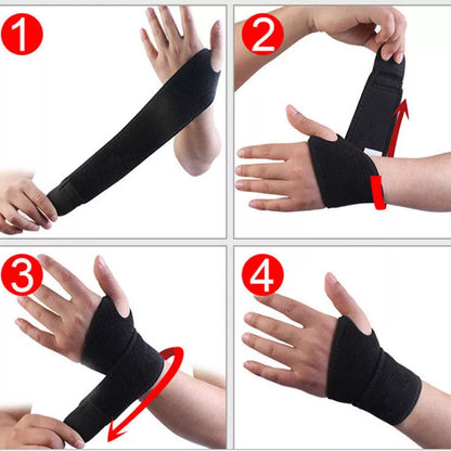 Black wrap-around wrist compression strap for sports and fitness support