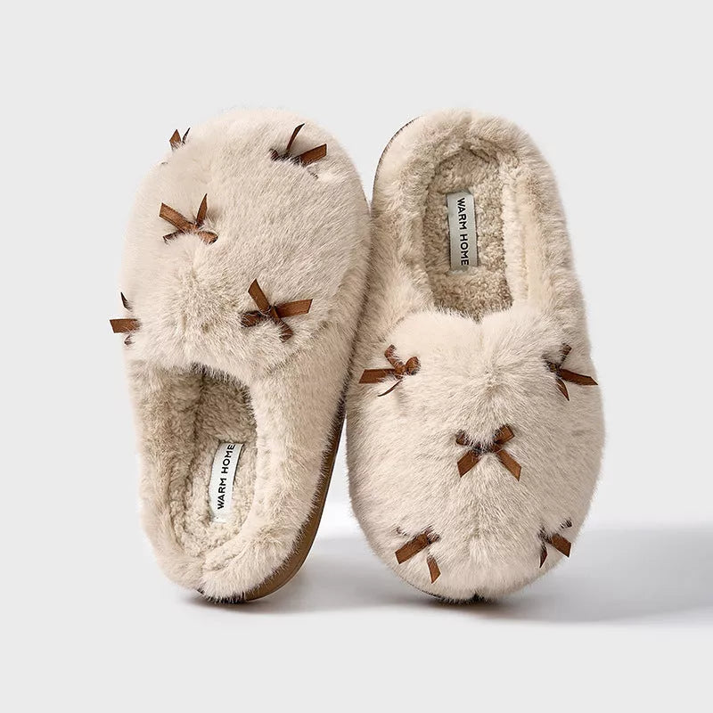 Women's plush butterfly knot slippers with memory foam insole in milk tea, cloud white, and sweetheart pink