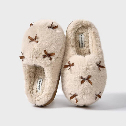 Women's plush butterfly knot slippers with memory foam insole in milk tea, cloud white, and sweetheart pink