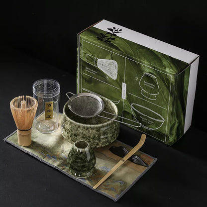 Japanese Matcha Tea Set with ceramic bowl and brush in clear glaze