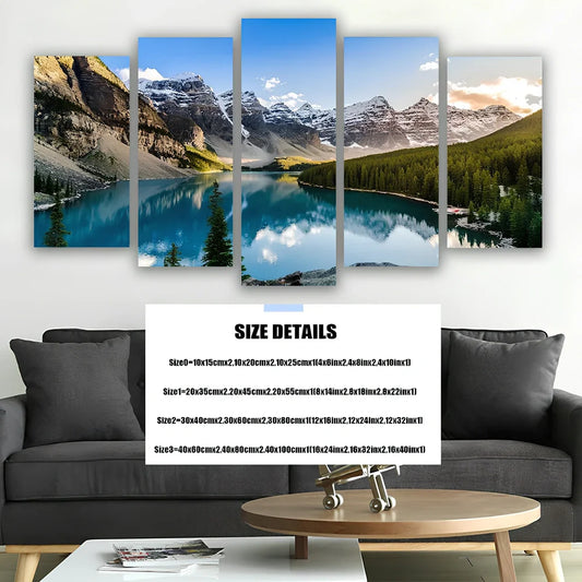 Five 40x60cm Moraine Lake mountain canvas panels arranged in modular wall display
