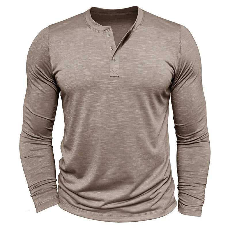 Premium long-sleeve henley shirt for men in a variety of colors and sizes