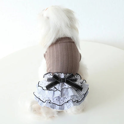 Polka dot lace cake dress pet costume for dogs and cats in princess style with floral trim