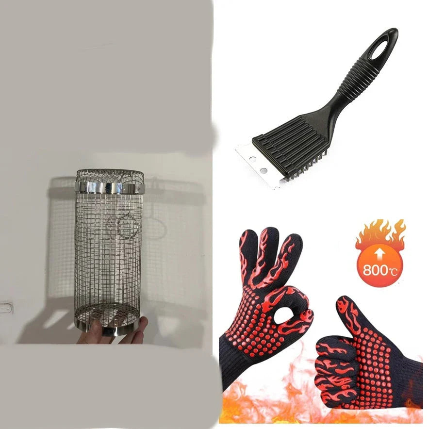 Stainless steel mesh grill basket for cooking a variety of foods on the barbecue