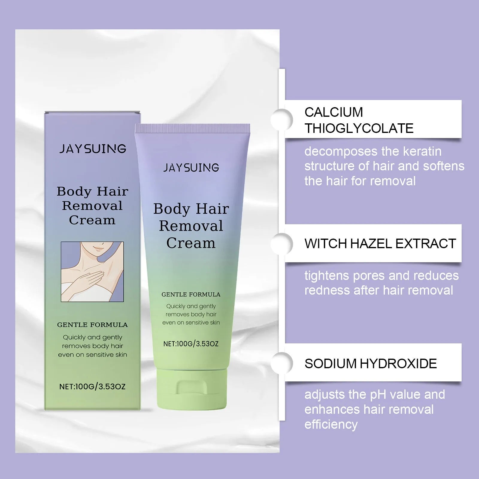100g tube of moisturising hair removal cream with witch hazel extract and glycerin formula