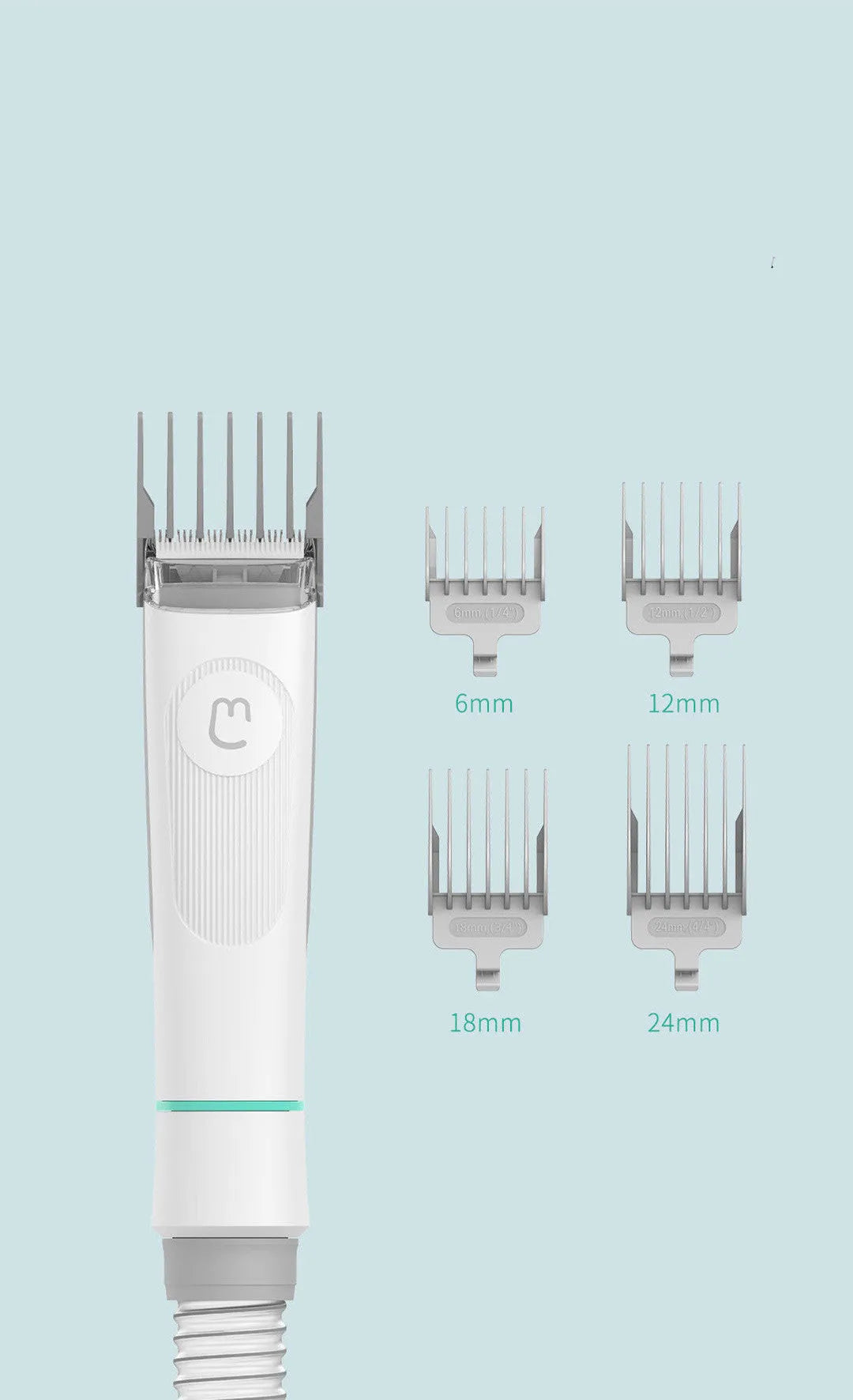 White pet grooming clippers kit with electric scissors, thinning comb, and cleaning brush