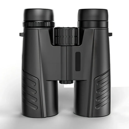 Black roof prism binoculars with 12x42 specifications showing eyepieces and objective lenses
