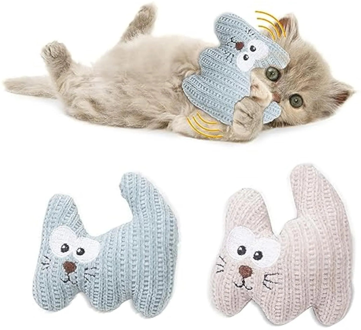 Cyan knitted plush cat toy with bell and organic catnip filling for cats to chew and play with.