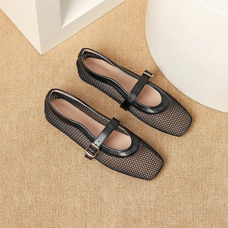 Women's beige mesh summer pump with square toe, flat heel, and buckle closure on a white background.