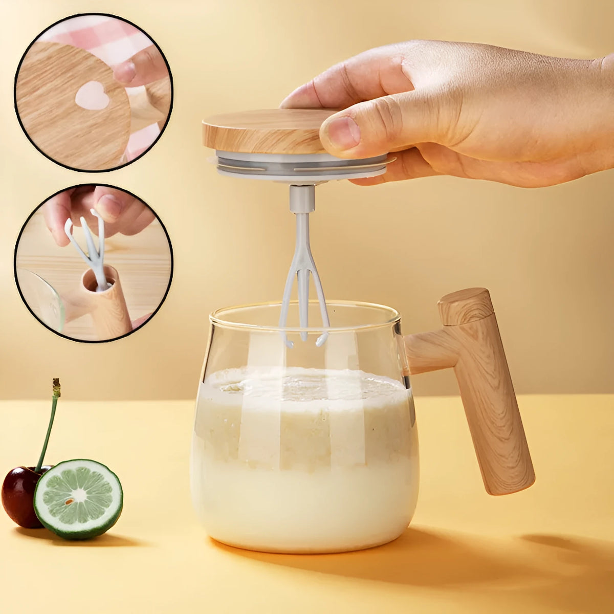 Clear borosilicate glass self-stirring coffee mug with 400ml capacity and electric mixing button