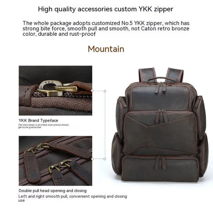 Dark brown leather backpack with embossed texture, double shoulder straps, and multiple zippered compartments for 17-inch laptops