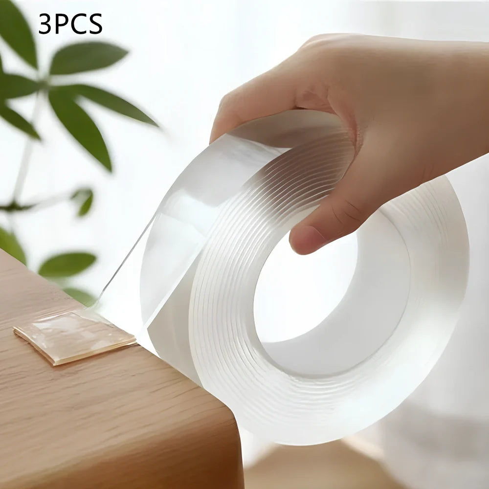 Transparent double-sided tape with 1mm thickness and 3cm width, showing nano-adsorption surface