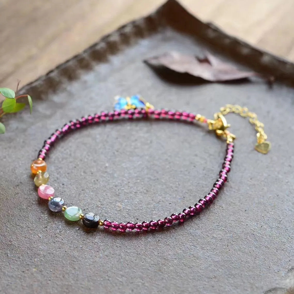 Purple garnet women's anklet with geometric ethnic design and included ankle chain