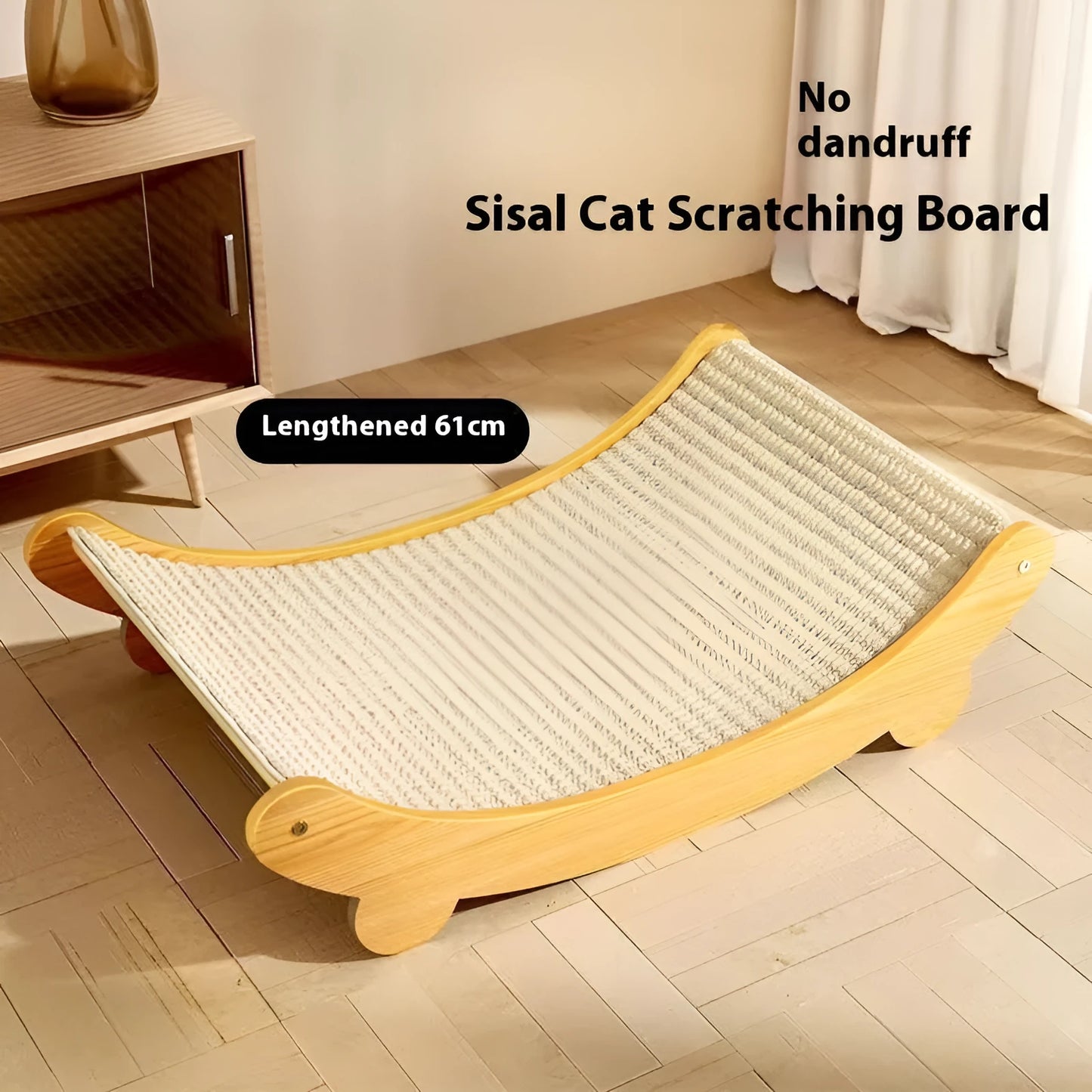 A sisal blanket cat scratch board shown in an angled position, available in large and small size options.