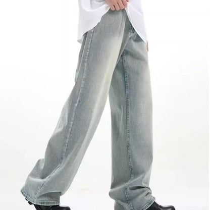 Blue retro loose casual trousers made from rabbit fur with high elasticity, showing loose fit and distinctive texture
