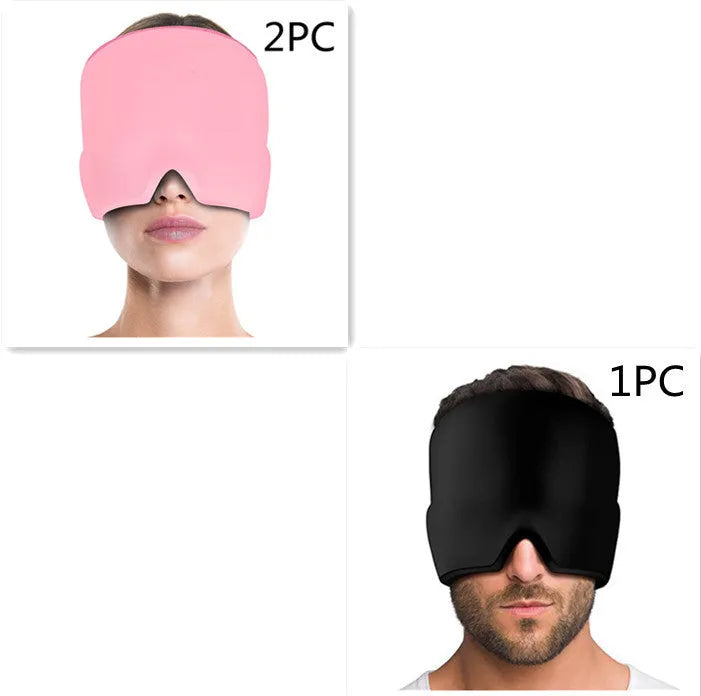 Black elastic gel headache relief mask laid flat showing eye contours and adjustable headband.