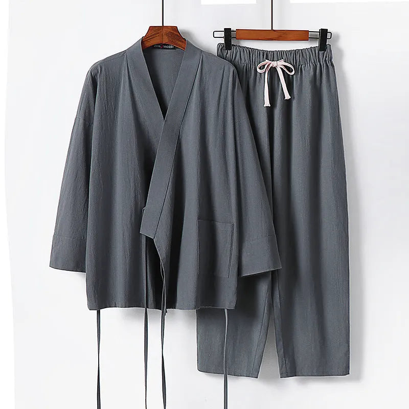 Cardigan-style hanfu two-piece suit in cotton linen blend, traditional Asian clothing set