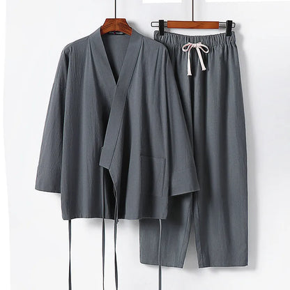 Cardigan-style hanfu two-piece suit in cotton linen blend, traditional Asian clothing set
