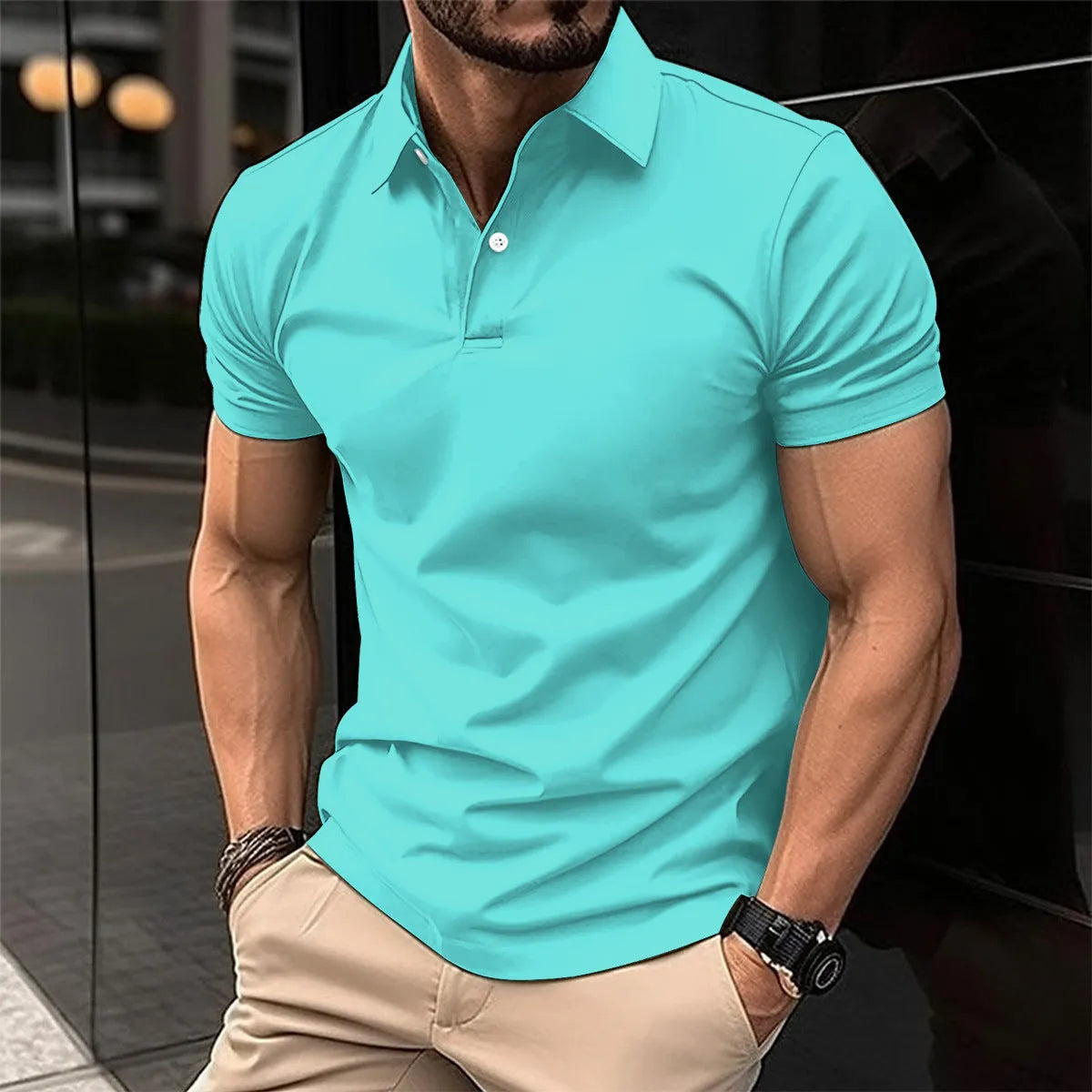 Men's solid colour short sleeve polo shirt with button collar in cotton mix fabric