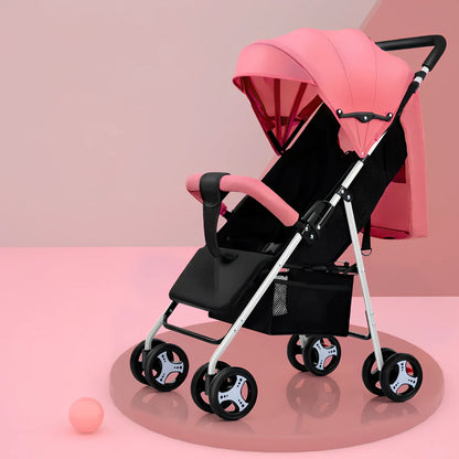 Lightweight folding baby stroller with adjustable awning and universal wheels in linen fabric