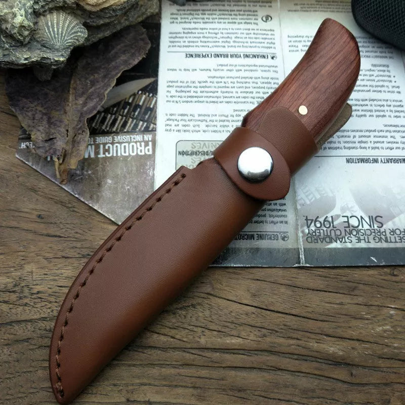 Outdoor survival knife with 8cm stainless steel blade and mahogany handle