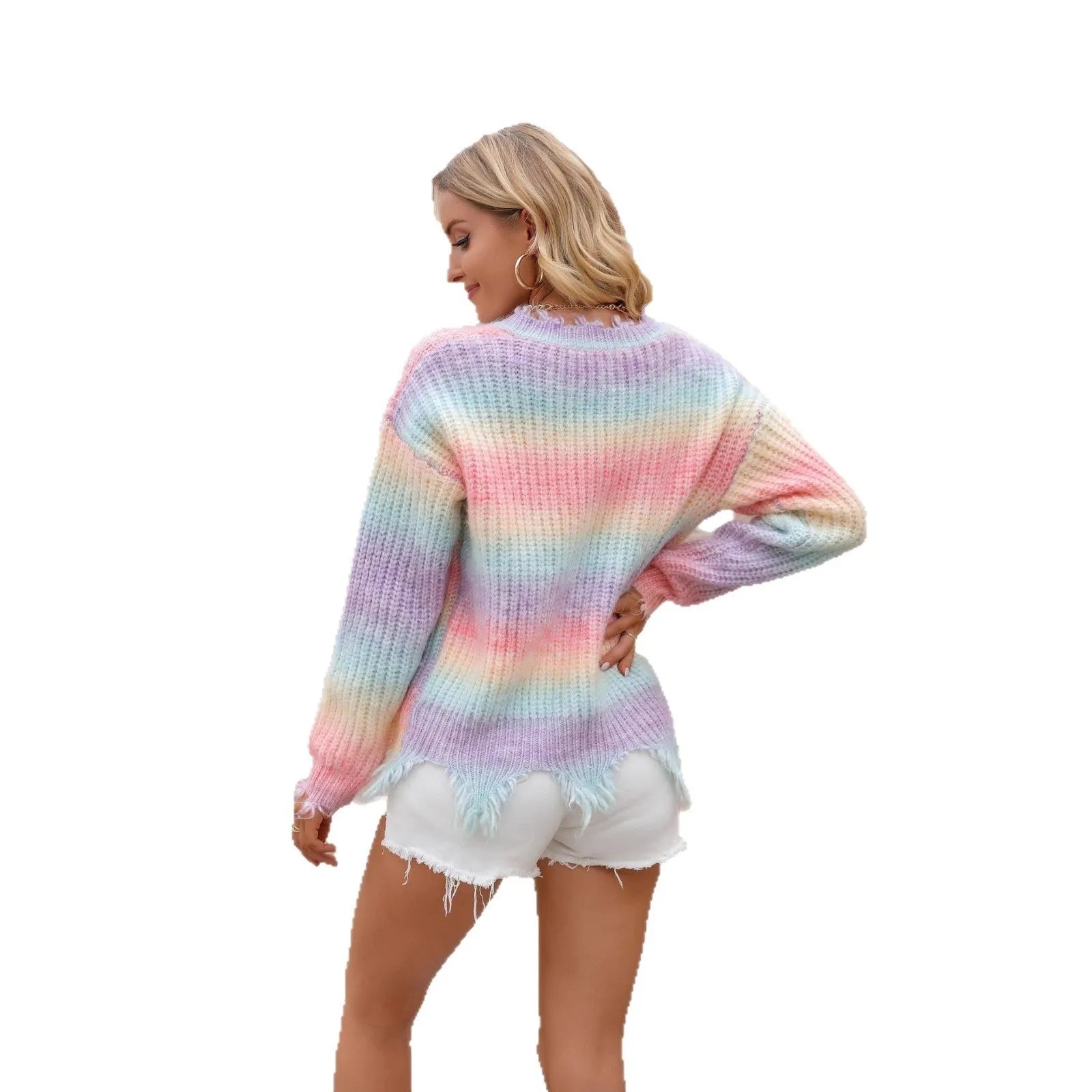 Pink rainbow gradient acrylic knit loose cut pullover sweater with regular sleeves