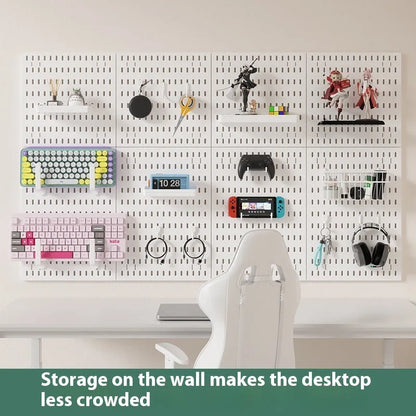 White and black punch-free wall storage rack with multiple size options for cable organisation