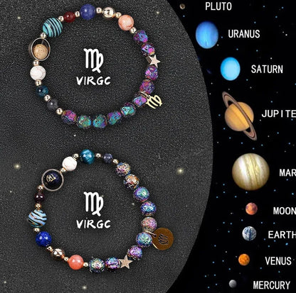 Adjustable natural stone zodiac beaded bracelet showing twelve different sign styles with 8mm beads