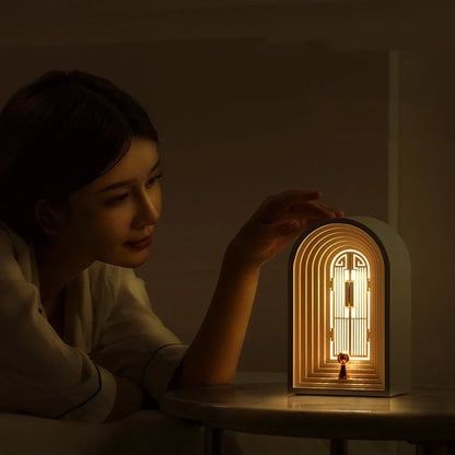 Nordic LED table lamp in grey with Bluetooth speaker, dimmable warm white light, 124x90x205mm dimensions