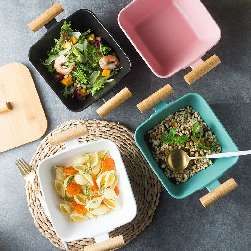 Porcelain ceramic bowl with irregular shape and matching lid in choice of four colours