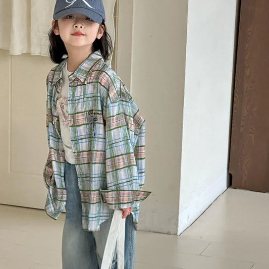 Blue plaid shirt for girls with long sleeves, suitable for spring and autumn wear