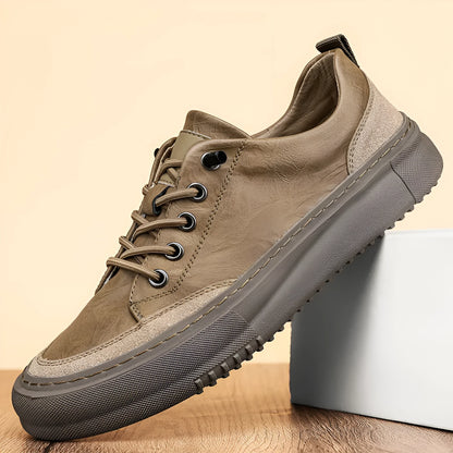 Men's black round toe leather board shoes with lace-up front and rubber sole