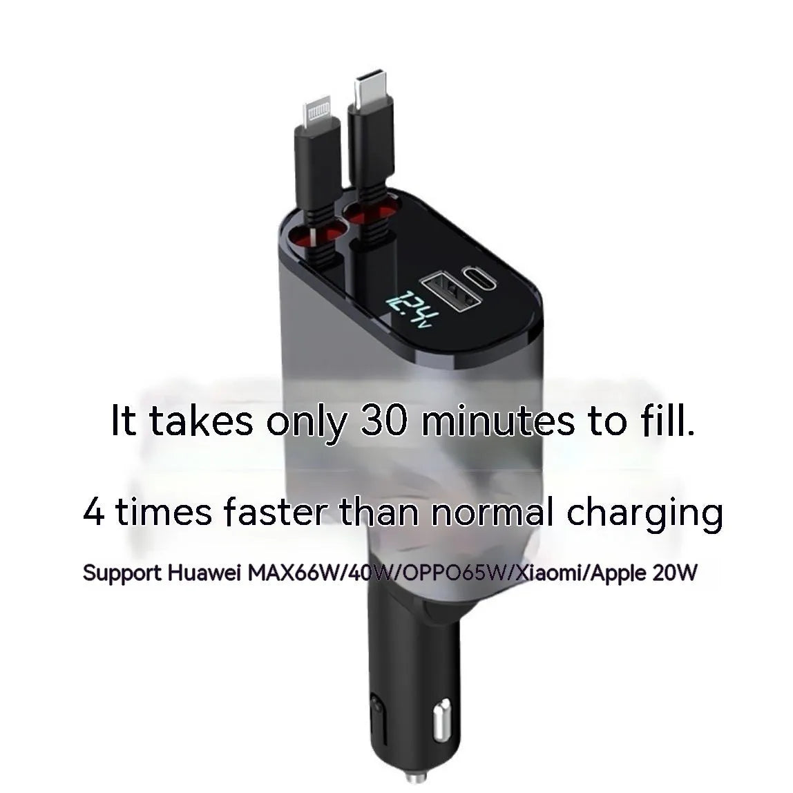 Automatic retractable car charger with 120W output and USB ports for fast charging in vehicles