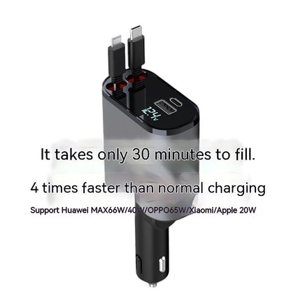 Automatic retractable vehicle charger with four USB ports and cigarette lighter plug showing extended cable