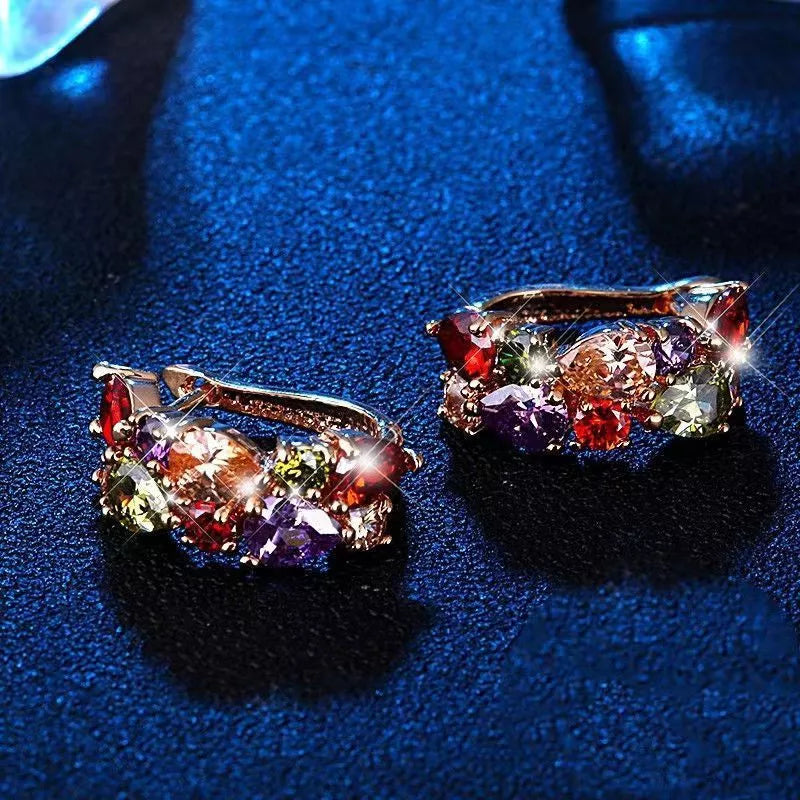 Colorful diamond crystal zircon ear clips for women, drop-shaped design with electroplated finish.
