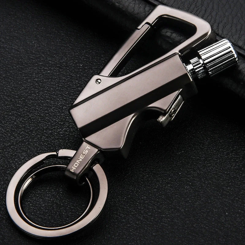 Metal keychain lighter with flint starter and bottle opener in various colors