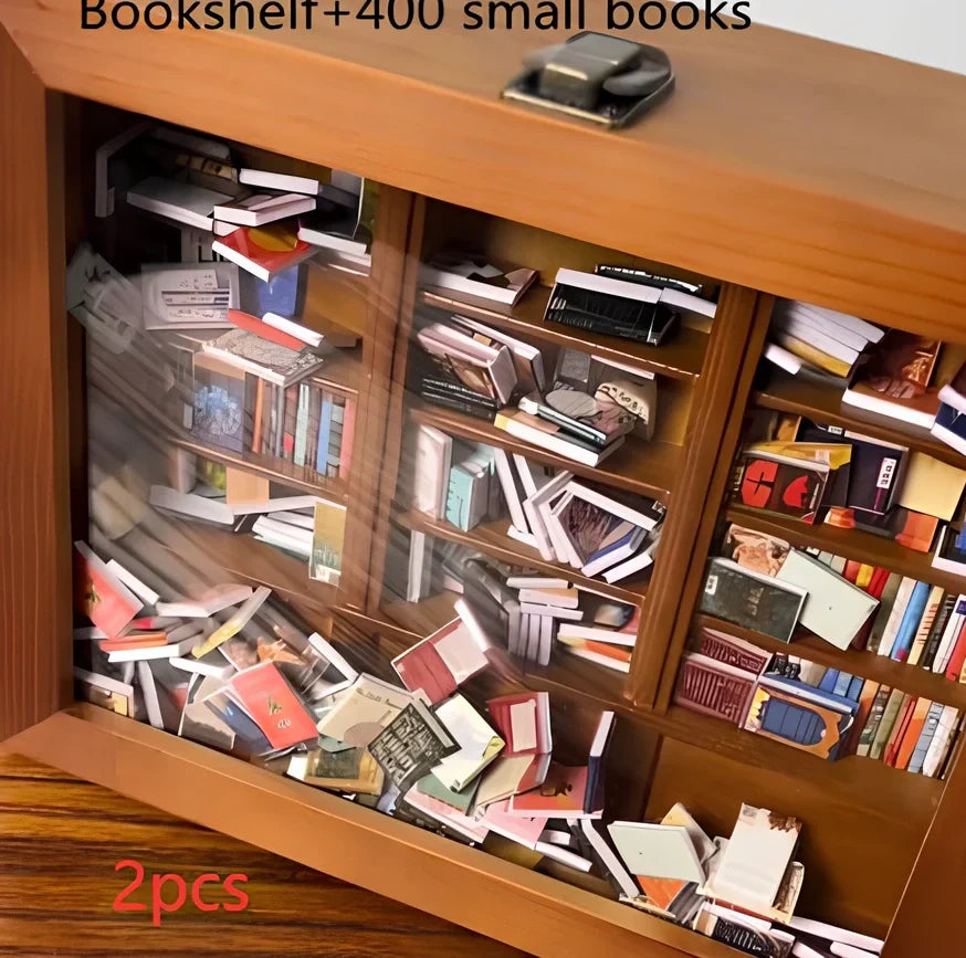 Wooden antique finish bookshelf ornament with 200 small books, 25.4 cm tall for decompression
