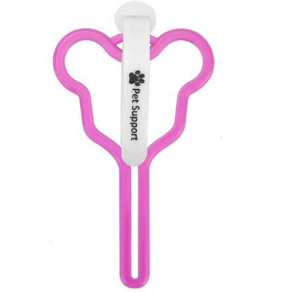 A dog poop bag dispenser with a hands-free clip and adjustable Velcro strap attached to a dog lead.