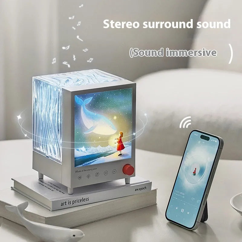 Aurora Treasure Box projection lamp showing Star Sea Whale light pattern with Bluetooth speaker, dimensions 11.98cm x 12.8cm x 16.23cm