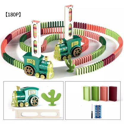 Electric Domino Train Building Blocks Toy for children, available in dark green and wine red